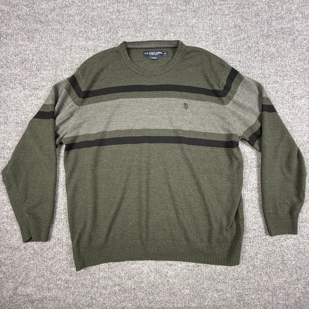 U.S. Polo Assn Sweater Mens 2XL Green Striped Crewneck Pullover Long Sleeve Knit